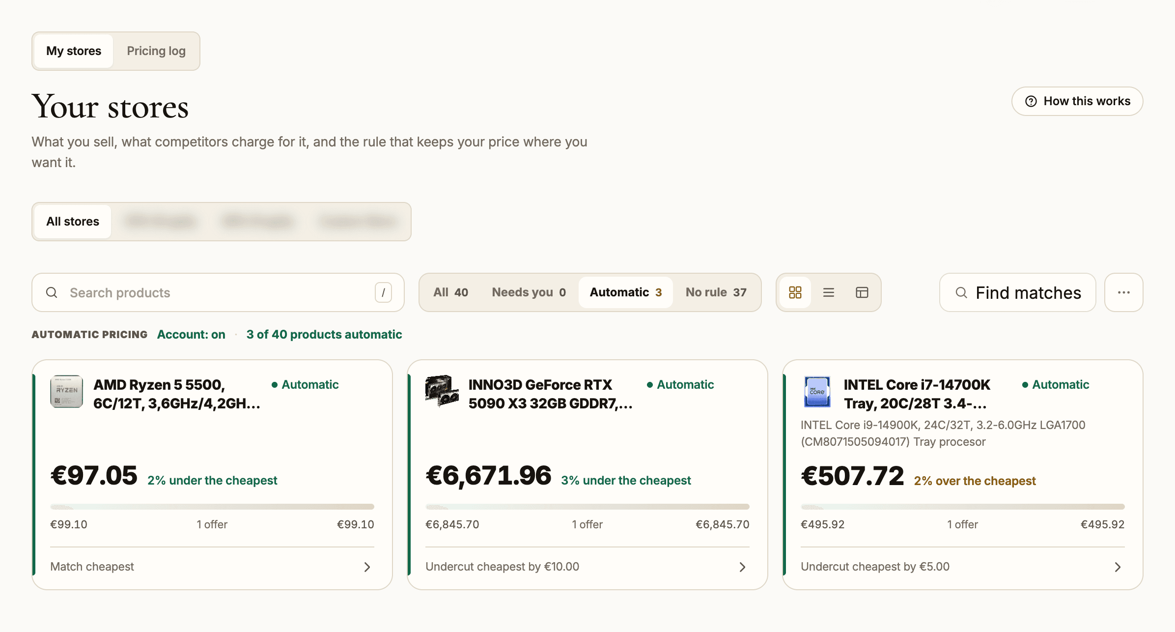 Vigil’s My stores screen: the store’s products as cards, each with its own price and its position against competitors’ prices.