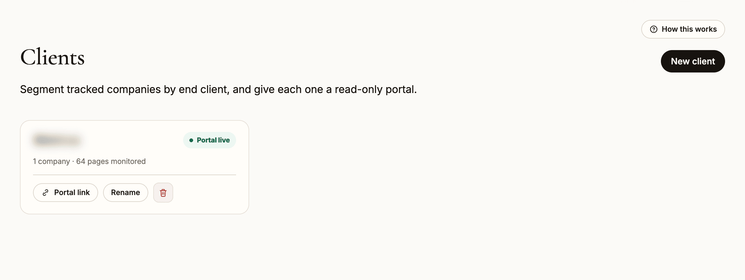 The Clients screen: one card per client with its portal link and the companies and pages tracked for it.