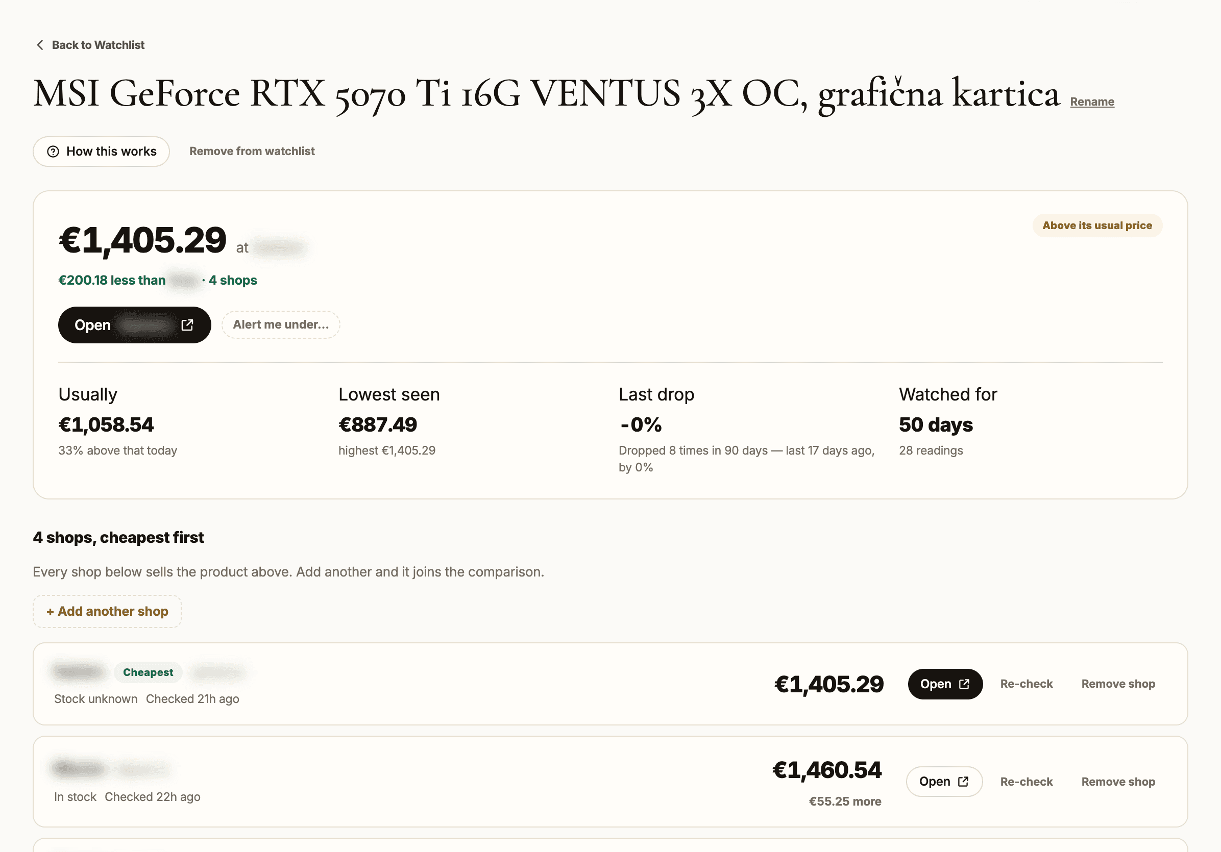 A watched product: its cheapest price today beside its usual and its lowest, and the shops that sell it with their current prices.